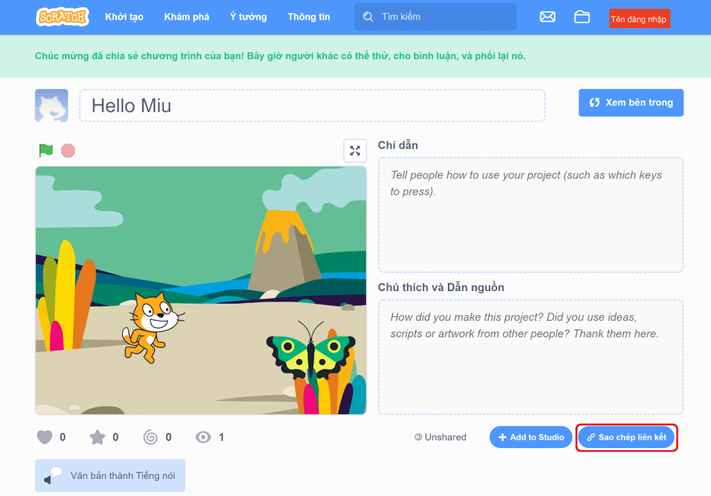 Hướng dẫn chia sẻ Trò chơi (Project) công khai trên Scratch